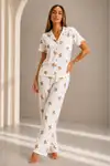 Kadın Kısa Kol Rahat Kalıp Şık Kırık Beyaz Pijama Takımı - Görsel 1