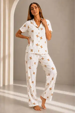 Kadın Kısa Kol Rahat Kalıp Şık Kırık Beyaz Pijama Takımı - 2