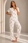 Kadın Kısa Kol Rahat Kalıp Şık Kırık Beyaz Pijama Takımı - Görsel 2
