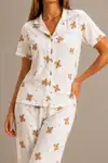 Kadın Kısa Kol Rahat Kalıp Şık Kırık Beyaz Pijama Takımı - Görsel 3