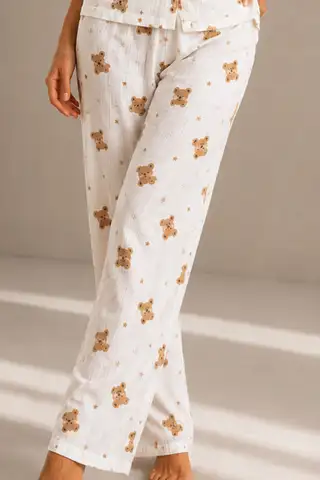 Kadın Kısa Kol Rahat Kalıp Şık Kırık Beyaz Pijama Takımı - 4