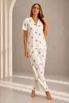 Kadın Kısa Kol Rahat Kalıp Şık Kırık Beyaz Pijama Takımı - Görsel 5