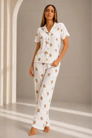 Kadın Kısa Kol Rahat Kalıp Şık Kırık Beyaz Pijama Takımı - 6