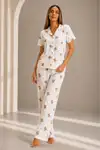Kadın Kısa Kol Rahat Kalıp Şık Kırık Beyaz Pijama Takımı - Görsel 6
