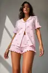 Kadın Süprem Gömlek Şort Düğme Pembe Pijama Takımı - Görsel 1