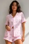 Kadın Süprem Gömlek Şort Düğme Pembe Pijama Takımı - Görsel 2