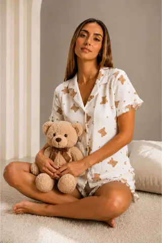 Kadın Günlük Düğmeli V Yaka Kar Beyaz Pijama Takımı - 2