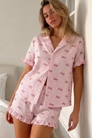 Kadın Viskon Kısa Kol Regular Pembe Pijama Takımı - 4