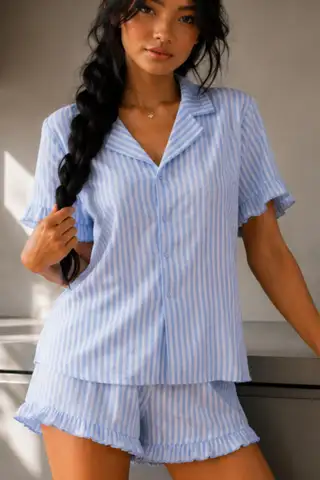 Kadın Cool Elastanlı Mavi Pijama Takımı Yazlık - 6