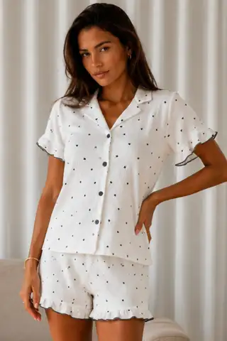 Kadın Düz Pamuk Homewear Beyaz Pijama Takımı - 3
