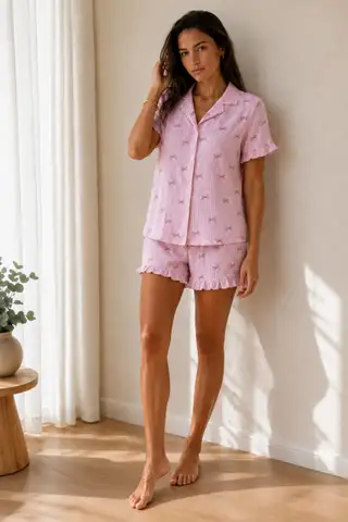 Kadın Düz Pamuk Homewear Pembe Pijama Takımı - 1