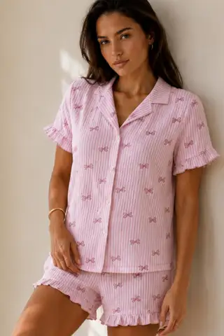 Kadın Düz Pamuk Homewear Pembe Pijama Takımı - 3