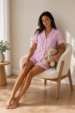 Kadın Düz Pamuk Homewear Pembe Pijama Takımı - 5
