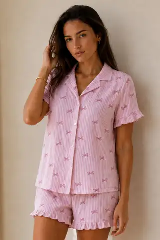 Kadın Düz Pamuk Homewear Pembe Pijama Takımı - 6
