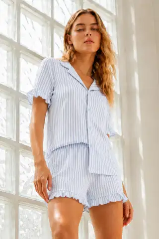 Kadın Örme Pamuklu Mini Boy Mavi Pijama Takımı - 3