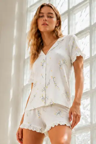 Kadın Örme Pamuklu Mini Çok Renkli Pijama Takımı - 3