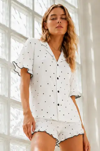 Kadın Örme Pamuklu Mini Boy Beyaz Pijama Takımı - 6