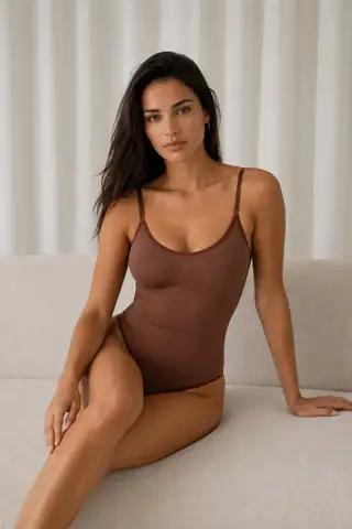Kadın Kapsız Cırt Cırtlı Düz Desen Kahverengi Body - 5