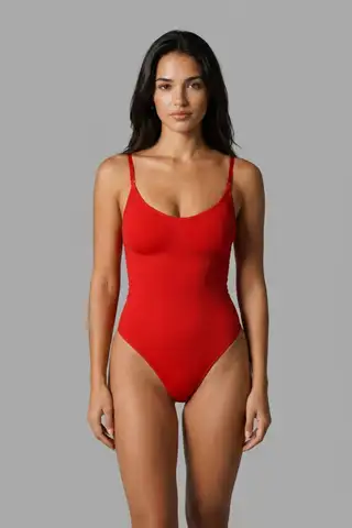 Kadın Kapsız Cırt Cırtlı Düz Desen Kırmızı Body - 2