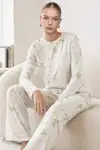 Kadın Desenli Uzun Kollu Ekru Pijama Takımı 4722 - Görsel 1