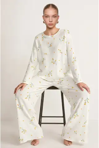 Kadın Desenli Uzun Kollu Ekru Pijama Takımı 4722 - 3