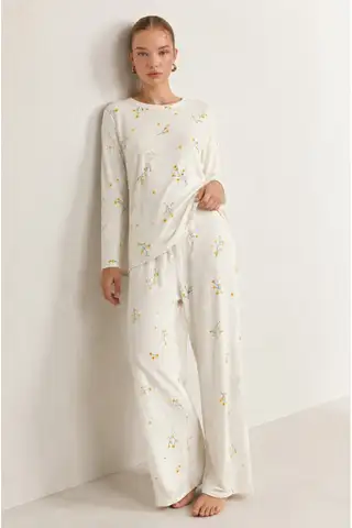 Kadın Desenli Uzun Kollu Ekru Pijama Takımı 4722 - 4