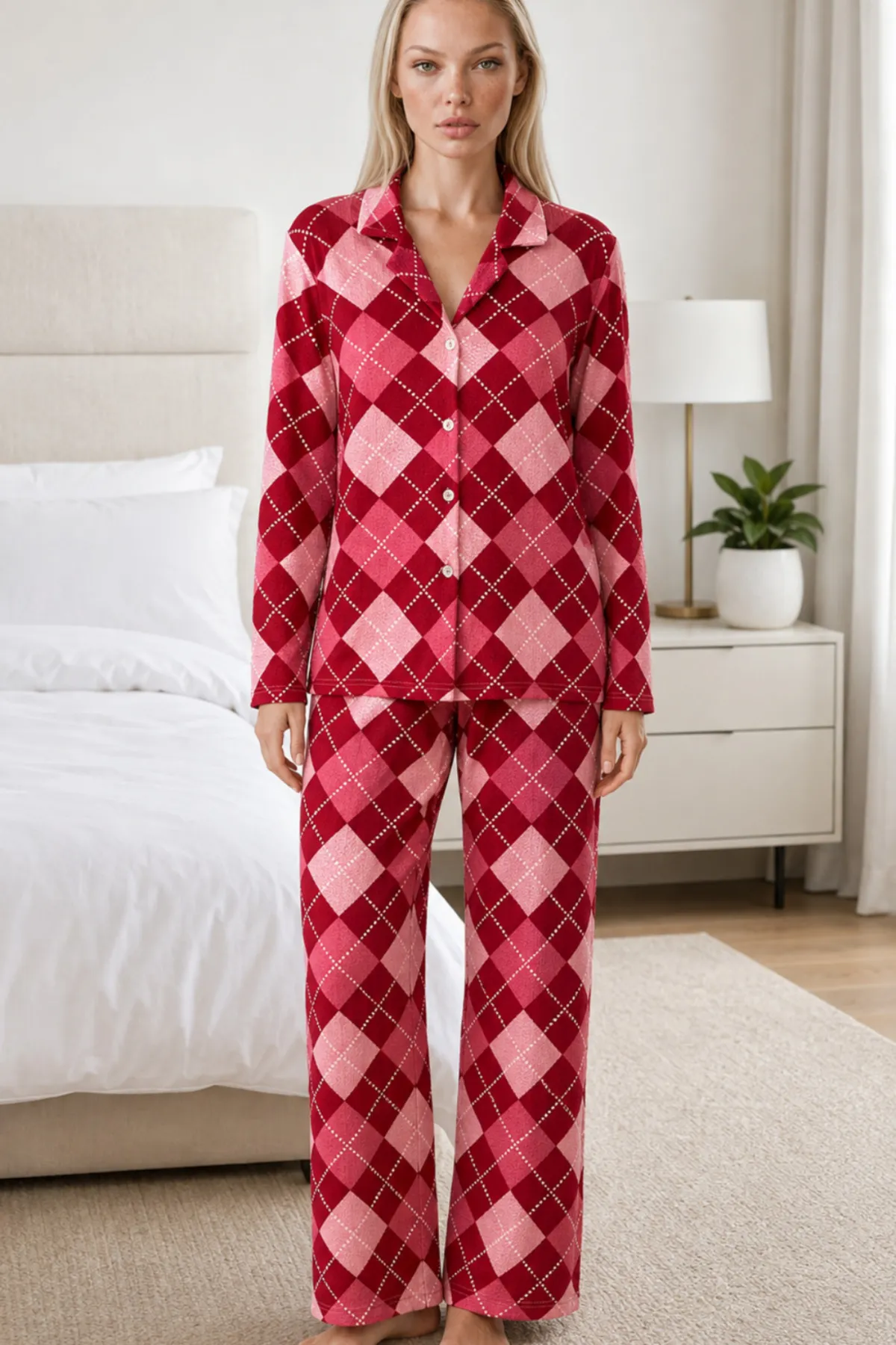 Kadın Casual Esnek Bol Kırmızı Pijama Takımı 4668