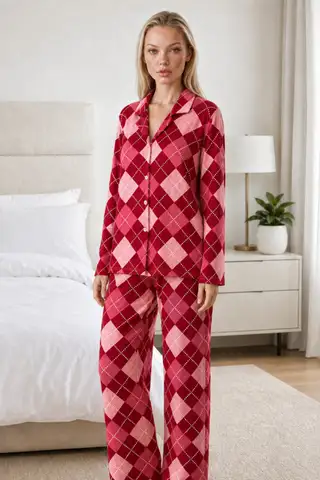 Kadın Casual Esnek Bol Kırmızı Pijama Takımı 4668 - 2