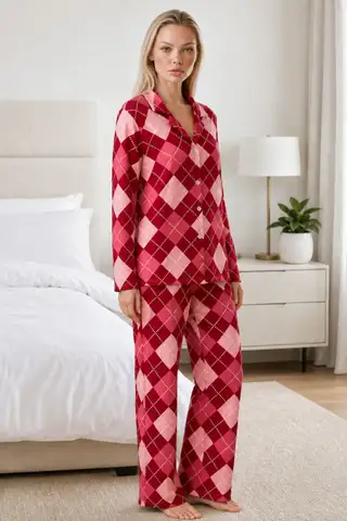 Kadın Casual Esnek Bol Kırmızı Pijama Takımı 4668 - 6