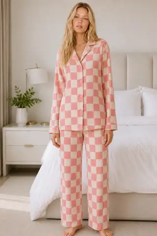 Kadın Casual Esnek Bol Pembe Pijama Takımı 4670 - 2