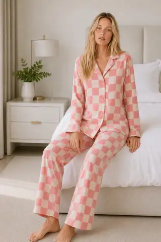 Kadın Casual Esnek Bol Pembe Pijama Takımı 4670 - 3