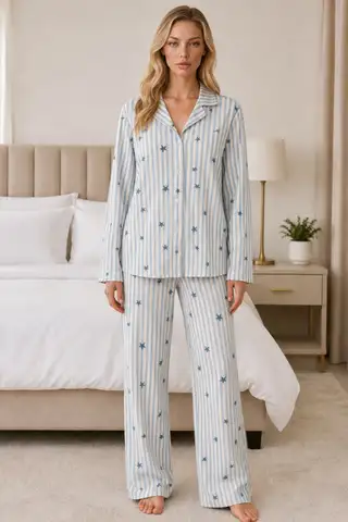 Kadın Casual Esnek Bol Mavi Pijama Takımı 4671 - 1