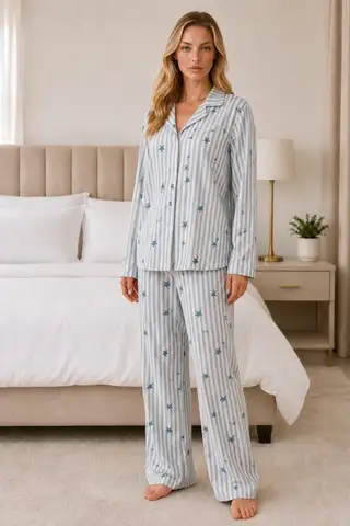 Kadın Casual Esnek Bol Mavi Pijama Takımı 4671 - 2