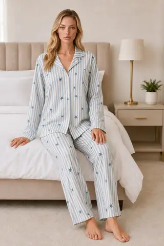 Kadın Casual Esnek Bol Mavi Pijama Takımı 4671 - 3