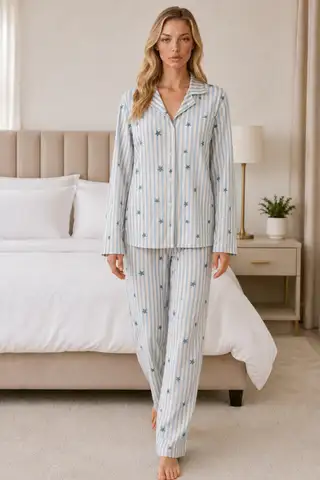 Kadın Casual Esnek Bol Mavi Pijama Takımı 4671 - 5