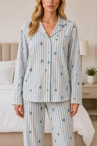 Kadın Casual Esnek Bol Mavi Pijama Takımı 4671 - 6