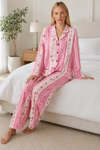 Kadın Desenli Relaxed Pembe Pijama Takımı 4658 - 3