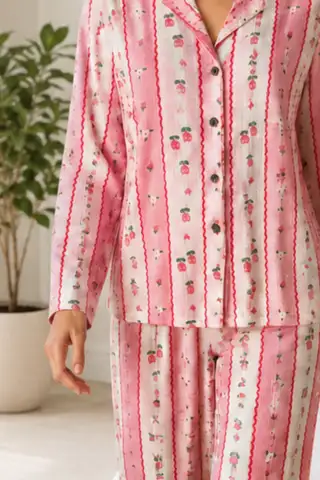 Kadın Desenli Relaxed Pembe Pijama Takımı 4658 - 5