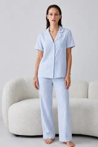 Regular V Yaka Günlük Mavi Pijama Takımı - 2