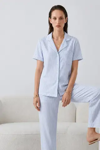 Regular V Yaka Günlük Mavi Pijama Takımı - 5