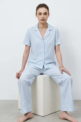 V Yaka Kapama Lastik Bel Mavi Pijama Takımı - 3