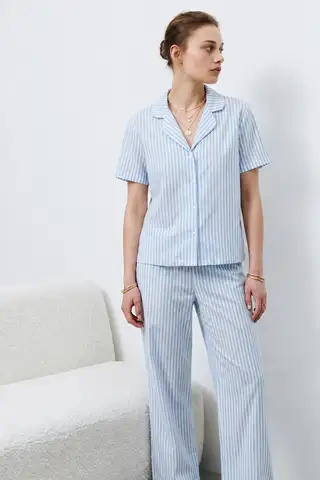 V Yaka Kapama Lastik Bel Mavi Pijama Takımı - 4