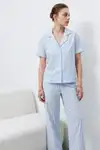 V Yaka Kapama Lastik Bel Mavi Pijama Takımı - Görsel 4
