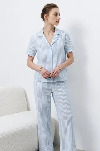 V Yaka Kapama Lastik Bel Mavi Pijama Takımı - 5