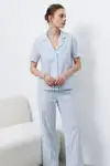 V Yaka Kapama Lastik Bel Mavi Pijama Takımı - Görsel 5