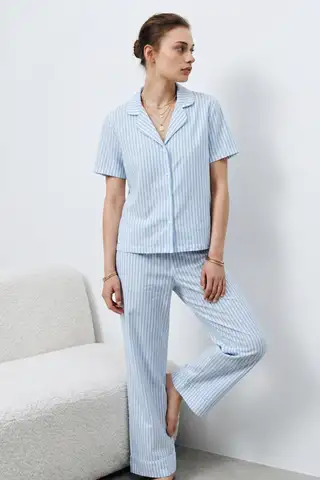 V Yaka Kapama Lastik Bel Mavi Pijama Takımı - 6