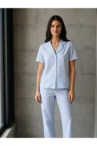 V Yaka Düğmeli Casual Mavi Pijama Takımı - 1