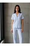 V Yaka Düğmeli Casual Mavi Pijama Takımı - Görsel 1