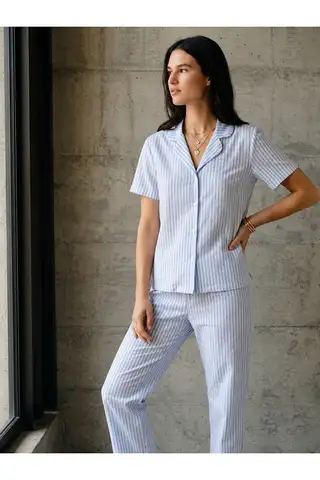 V Yaka Düğmeli Casual Mavi Pijama Takımı - 2