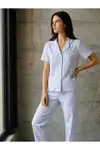 V Yaka Düğmeli Casual Mavi Pijama Takımı - Görsel 2